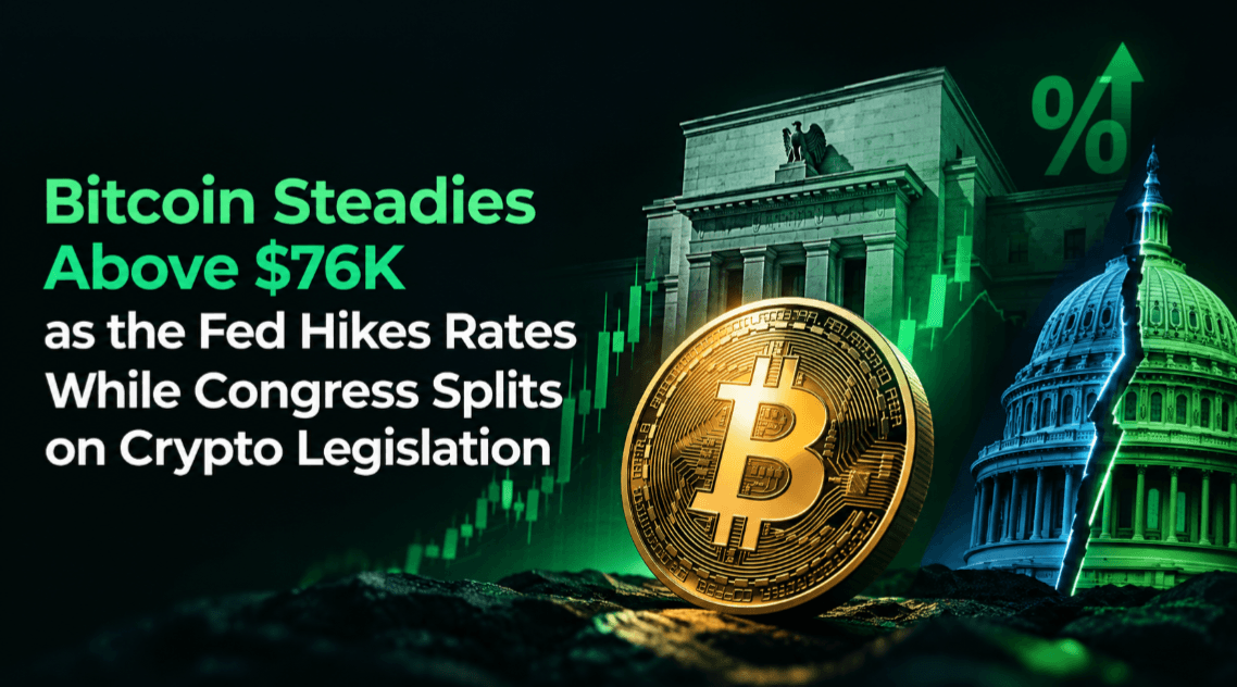Bitcoin Steadies Above $76K as the Fed Hikes Rates While Congress Splits on Crypto Legislation